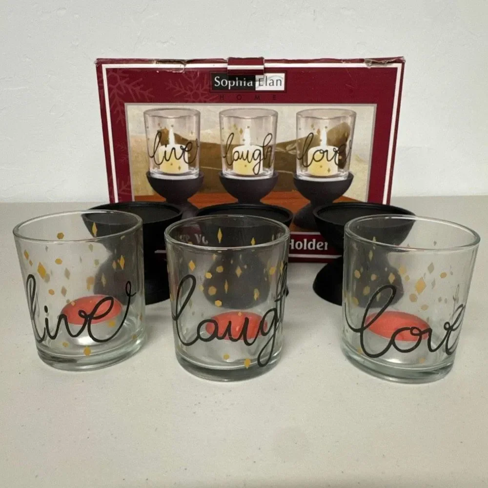 Sophia Elan 6 Piece Votive Candle Holder Set Live Laugh Love Black Glass
